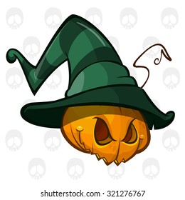 Jack-O-Lantern. Halloween pumpkin head in witch hat. Vector illustration isolated