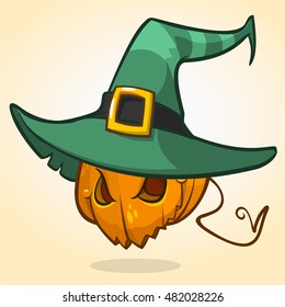 Jack-O-Lantern. Halloween pumpkin head in witch hat. Vector character isolated