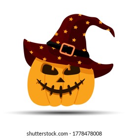 Jack-O-Lantern. Halloween pumpkin with witches hat isolated on white background. Holidays cartoon character. Vector illustration in flat style.