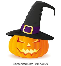 Jack-O-Lantern. Halloween pumpkin with witches hat isolated on white background, vector illustration. 