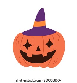 Jack-O-Lantern. Halloween pumpkin with witches hat. Scary Halloween pumpkin wearing a witch hat. Flat vector illustration isolated on white background