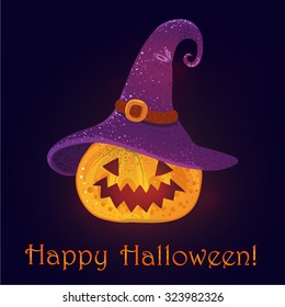 Jack-O-Lantern. Halloween pumpkin with witches hat on black background, vector illustration.
