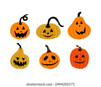 Jack-O-Lantern. Halloween pumpkins with faces vector element set. October holiday symbol. Creepy, smiling, fun carved pumpkin heads.