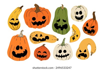 Jack-O-Lantern. Halloween pumpkins with faces vector element set. October holiday symbol. Creepy, smiling, fun carved pumpkin heads.