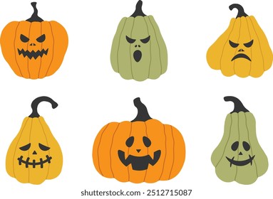 Jack-O-Lantern. Halloween pumpkins with faces vector set. Creepy, smiling, funny, scary carved pumpkin heads. 