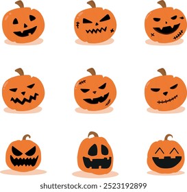 Jack O Lantern. Calabazas de Halloween con conjunto de elementos de Vector de caras. Símbolo de vacaciones de octubre. Espeluznantes, sonrientes, divertidas cabezas de calabaza talladas.