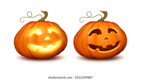 Jack-o-lantern com rostos bobos felizes ícones de cores realistas definidos. Abóbora esculpida com luz quente e sombra dentro de ilustrações de caracteres 3d