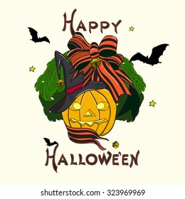 Jack-o-lantern, Hat, Striped Bow, Bell & Flying Vampire Bat isolated on white background. Halloween Witch Wreath. Halloween vector typography poster. Vintage Postcard, T-shirt & textile design.  