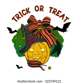 Jack-o-lantern, Hat, Striped Bow & Flying Vampire Bat isolated on white background. Halloween wreath. Witchcraft symbol. Halloween vector typography poster. Vintage Element. T-shirt, textile design.  