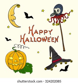Jack-o-lantern, Hat, Witch Freak Wand, Crescent & Flying Vampire Bats, isolated on white background. Vintage Halloween set. Halloween vector typography poster. Postcard, T-shirt & textile design.  