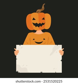 Jack-O-Lantern cabeça abóbora personagem mantém cartão em branco para a mensagem. Modelo para convite de Halloween, cartão de saudação, banner ou sinal de anúncio. Fantasia de Halloween. Caractere de ilustração de vetor plano