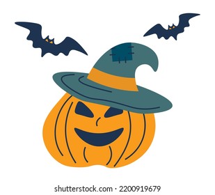Jack-o-lantern with a horribly carved face. Halloween pumpkin in witch hat. Squash and bats on white isolated background. Funny Jack in green hat. Flat vector illustration.
