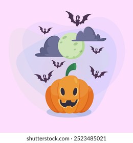 Jack-o-lantern, moon, clouds and flying bats on abstract background. Halloween banner design. Celebration, holiday, party concept. Vector illustration for invitation or poster