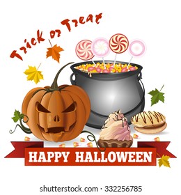 Jack-o'-lantern on the background of cauldron with candy, lollipops, cookies, biscuits, cake. Trick or treat. Happy Halloween. Vector card.