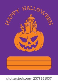 Jack-O-Lantern orange pumpkin head with candles for Halloween card on purple