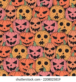 Jack-o'-lantern pattern. Colorful cool pumpkins for Halloween. Pattern for clothes, packaging, decor.