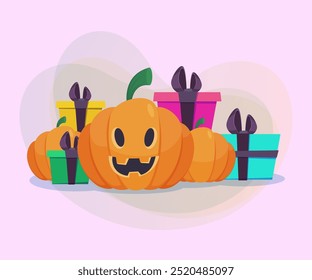 Jack-o-lantern, cajas de regalo con arco, calabazas sobre fondo abstracto. Diseño de Anuncio de Halloween. Celebración, fiesta, fiesta, concepto de regalos. Ilustración vectorial para cartel o invitación