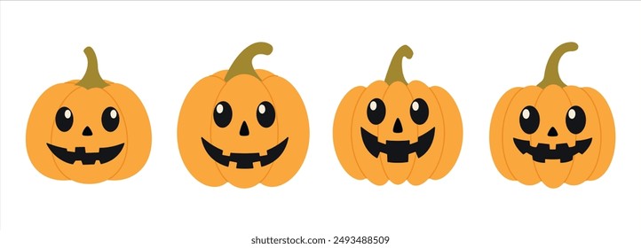 Jack-o-lantern. Pumkins with faces set for Halloween design isolated on white background. Happy Halloween holiday banner for web, postcards, flyers, etc. Flat style vector illustration