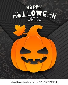 Jack-o-lantern pumpkin cutout from paper on a background with linear halloween signs and symbols. Vector illustration,