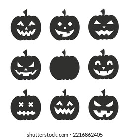 jackolantern. pumpkin face. cute character. happy halloween. halloween day. A set of black pumpkin silhouettes with spooky faces. Halloween pumpkins with different facial expressions. Pumpkin lantern 