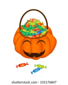 Jack-o-Lantern Pumpkin Full of Different Hard Candies Isolated on White Background, For Halloween Celebration 