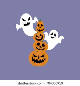 Jack-o-lantern pumpkin and ghost on the purple background. Vector illustration