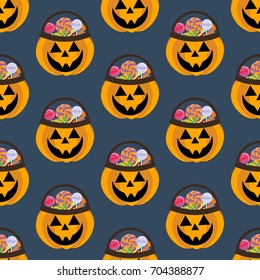 Jack-o-lantern pumpkin halloween pattern on the blue background. Vector illustration
