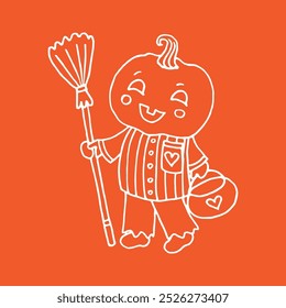 Jack-O-Lantern Pumpkin Head with broom. illustration for Halloween on orange background