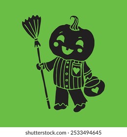 Jack-O-Lantern Pumpkin Head with broom. illustration for Halloween black on green background