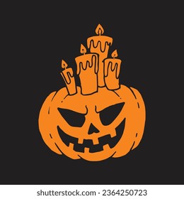 Jack-O-Lantern Pumpkin Head with candles illustration for Halloween orange on black background