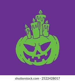 Jack-O-Lantern Pumpkin Head with candles illustration for Halloween green on purple background