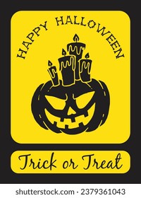 Jack-O-Lantern pumpkin head with candles on yellow background for Halloween card