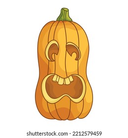 Jack-o'-lantern pumpkin head scared. A traditional character for Halloween. Simple design element for greeting cards, posters, stickers, banners and holiday decor. Cute cartoon flat illustration.