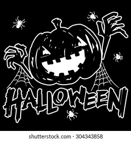 jack-o-lantern pumpkin head with spider, cobweb and halloween text black and white color