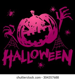  jack-o-lantern pumpkin head with spider, cobweb and halloween text, gradient purple and pink color on black background