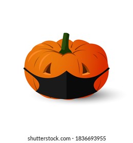 Jack-O-Lantern pumpkin in medical mask, cartoon vector safety illustration.