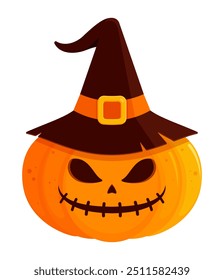 Calabaza Jack-o'-lantern con cara traviesa tallada con un sombrero de bruja, sin encender. Ilustración vectorial plana aislada sobre fondo blanco. Concepto de decoración de Halloween. Perfecto para diseños espeluznantes