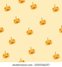 Jack-o-lantern pumpkin on light orange background, Halloween seamless vector design.
