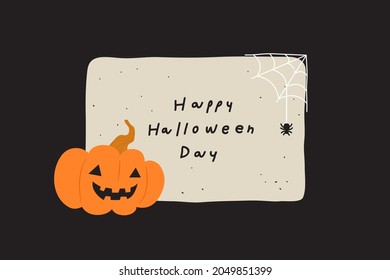 Calabaza con araña en el cartel con el mensaje "Feliz Día de Halloween". Concepto de la celebración de Halloween de octubre. Ilustración para impresión, decoración, coche de invitación. Estilo vectorial plano. 