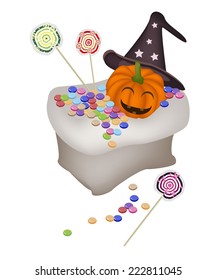Jack-o-Lantern Pumpkins Wearing Witch Hat with Lollipops and Candies in A Canvas Bag For Halloween Celebration. 