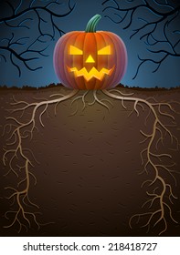 Jack-o-lantern with roots in night lighting. Halloween template with monstrous pumpkin. Qualitative vector illustration for halloween, scary stories, theme party, trick-or-treating, horror design, etc