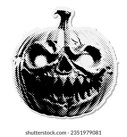 Jack-o-lantern scary pumpkin - Halloween halftone mixed media collage paper sticker. Dotted Vintage illustration in 90s zine Paper piece style.