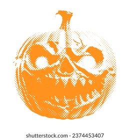 Jack-o-lantern scary pumpkin - Halloween halftone dotted realistic clipart. Offset texture Vintage illustration in 90s grunge style