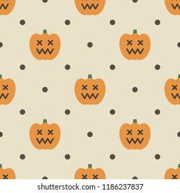 Jack-o-lantern seamless pattern for children. Frightening pumpkins and dots on a light cream background. 