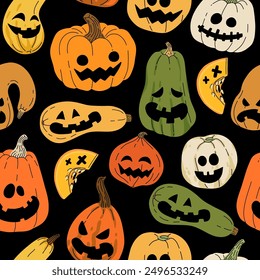 Jack-O-Lantern seamless pattern. Halloween pumpkins with faces vector background. October holiday symbol. Creepy, smiling, fun carved pumpkin heads.