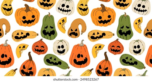 Jack-O-Lantern seamless pattern. Halloween pumpkins with faces vector background. October holiday symbol. Creepy, smiling, fun carved pumpkin heads.