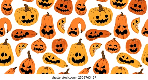 Jack-O-Lantern padrão sem costura. Abóboras de Halloween com faces de fundo vetorial. Símbolo de feriado de outubro. Cabeças de abóbora esculpidas, assustadoras, sorridentes e divertidas.