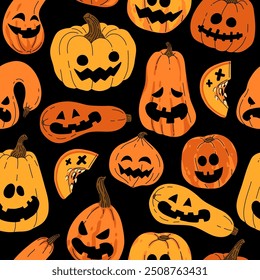 Jack-O-Lantern seamless pattern. Halloween pumpkins with faces vector background. October holiday symbol. Creepy, smiling, fun carved pumpkin heads.