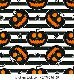 Jackolantern seamless pattern on striped background. Vector pumpkin with face illustration. Halloween surface design