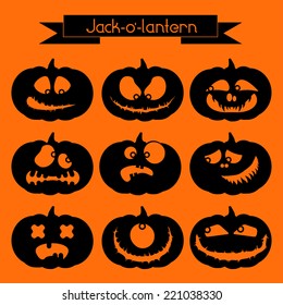 Jack-o'-lantern. Set of 9 black decorative elements on the orange background